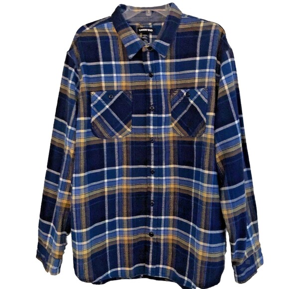 Lands End Rugged Work Shirt Mens Sz 2XL Tradtional Fit Hefty Blue Plaid Pockets - Picture 3 of 15